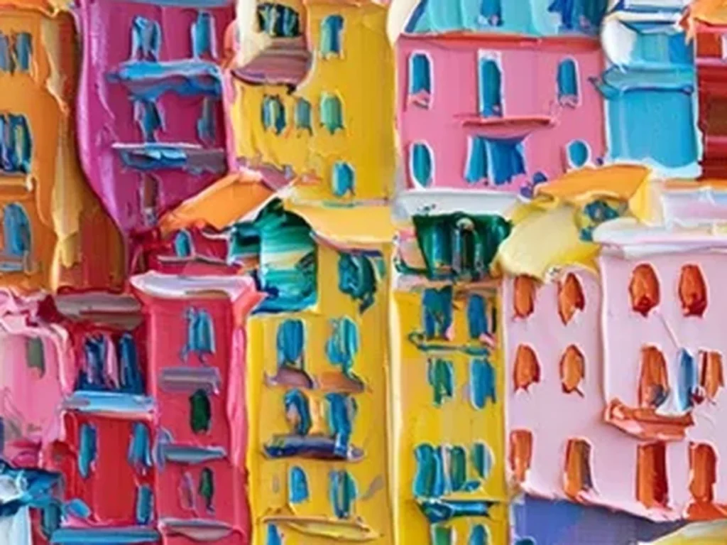 Detail crop of canvas CA39 showing palette-knife slabs forming pink, yellow, and coral house walls with teal window dabs