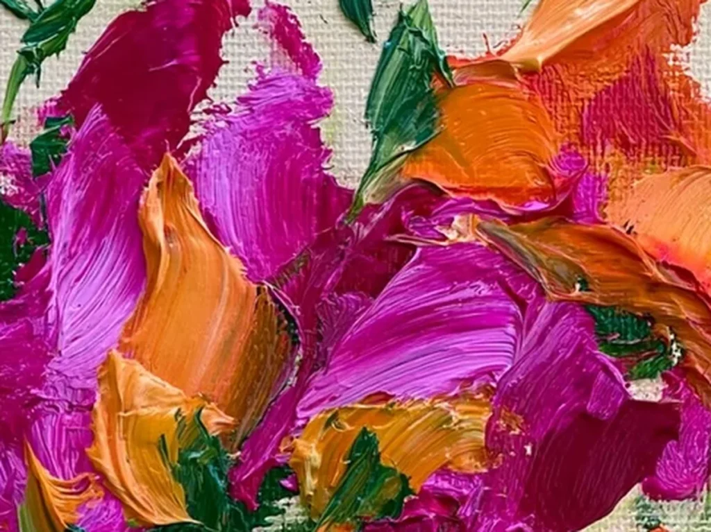Close-up detail of thick orange and magenta knife-pulled petals with raised paint ridges on floral canvas CA40