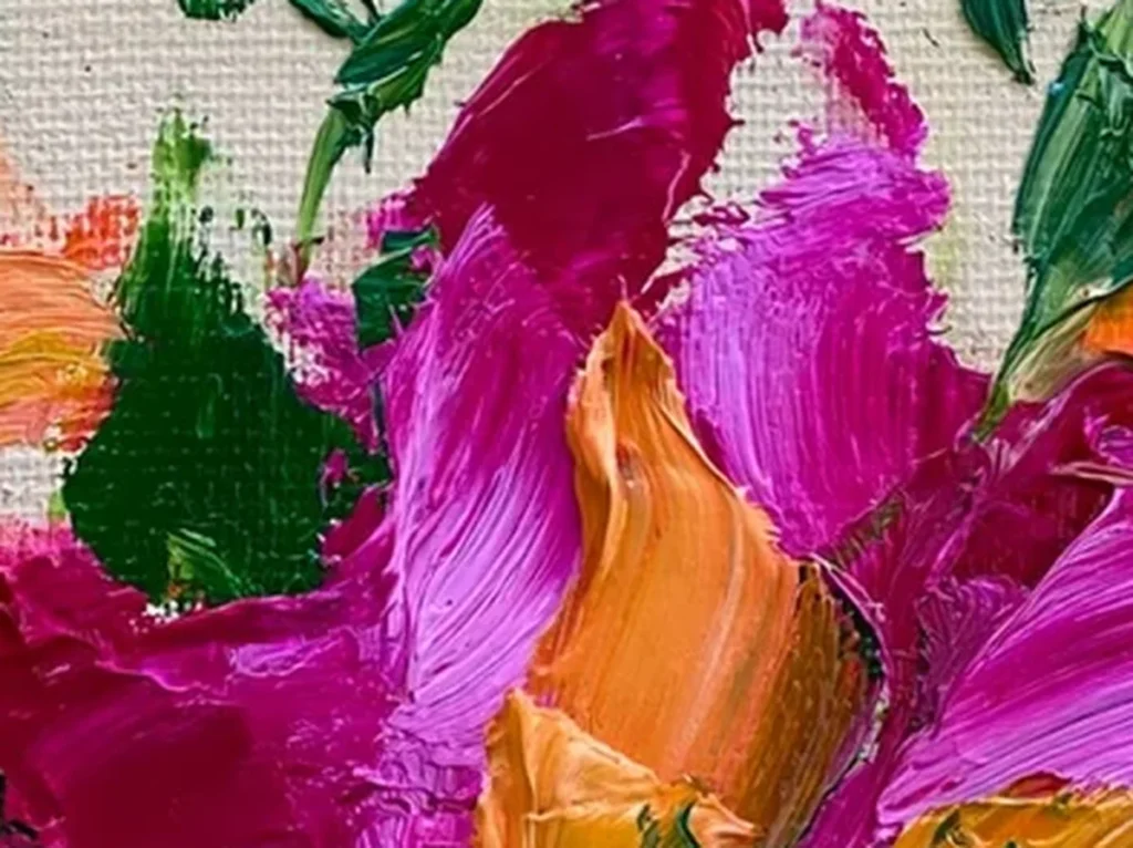 Extreme macro of one sculpted orange petal edge casting shadow beside magenta and green knife strokes on canvas CA40