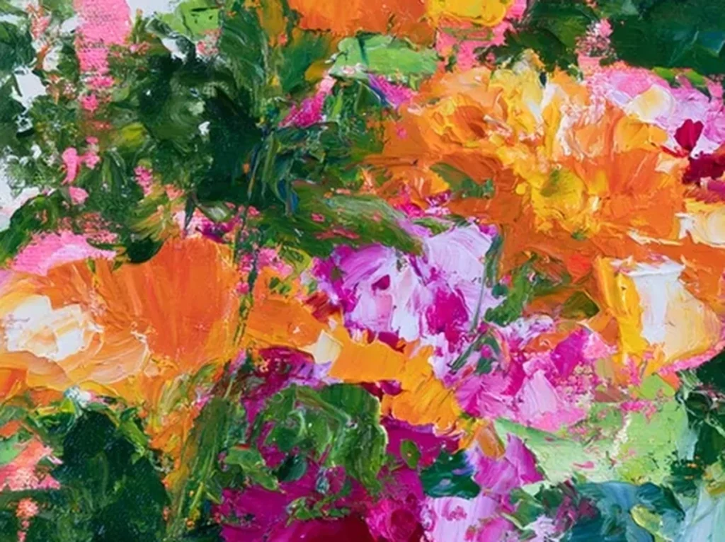 Close-up of thick palette-knife petals in marigold orange, magenta, and green on the textured garden flower canvas, CA41