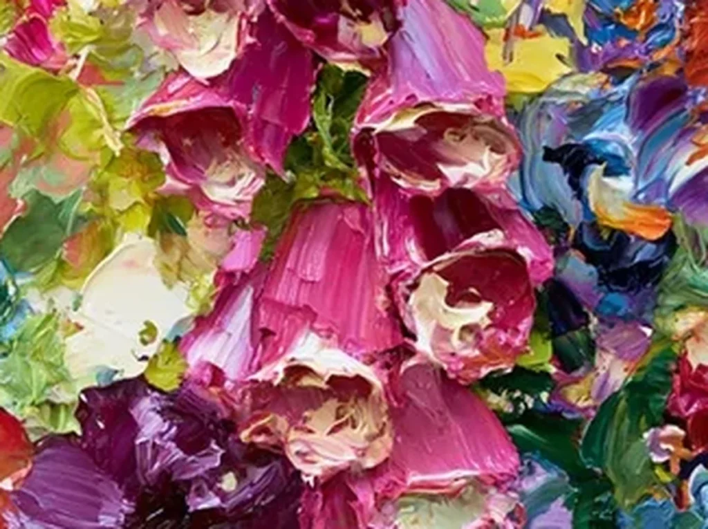 Close-up texture detail of CA42, showing thick knife-pulled petals in magenta, buttery yellow, and cornflower blue standing off the canvas.