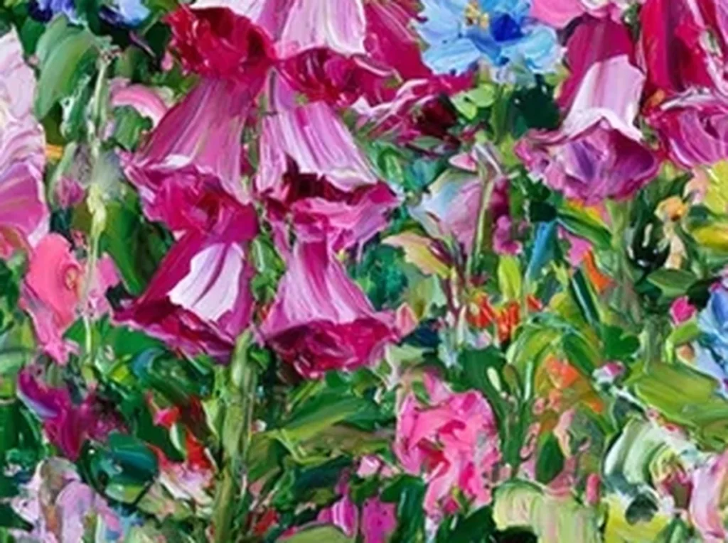 Close-up texture detail of CA43, showing palette-knife pink and red roses beside raised cornflower-blue delphinium spires and green foliage.