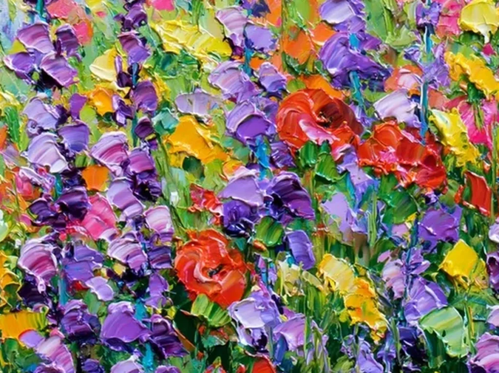 Close-up detail of the thick palette-knife purple spikes and red poppies in the wildflower meadow painting CA44.