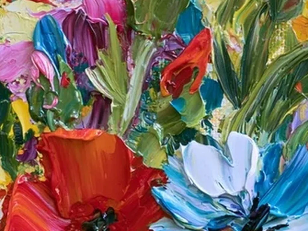 Close-up of the thick palette-knife petals in red, yellow, and blue on the mixed flower bouquet canvas CA45