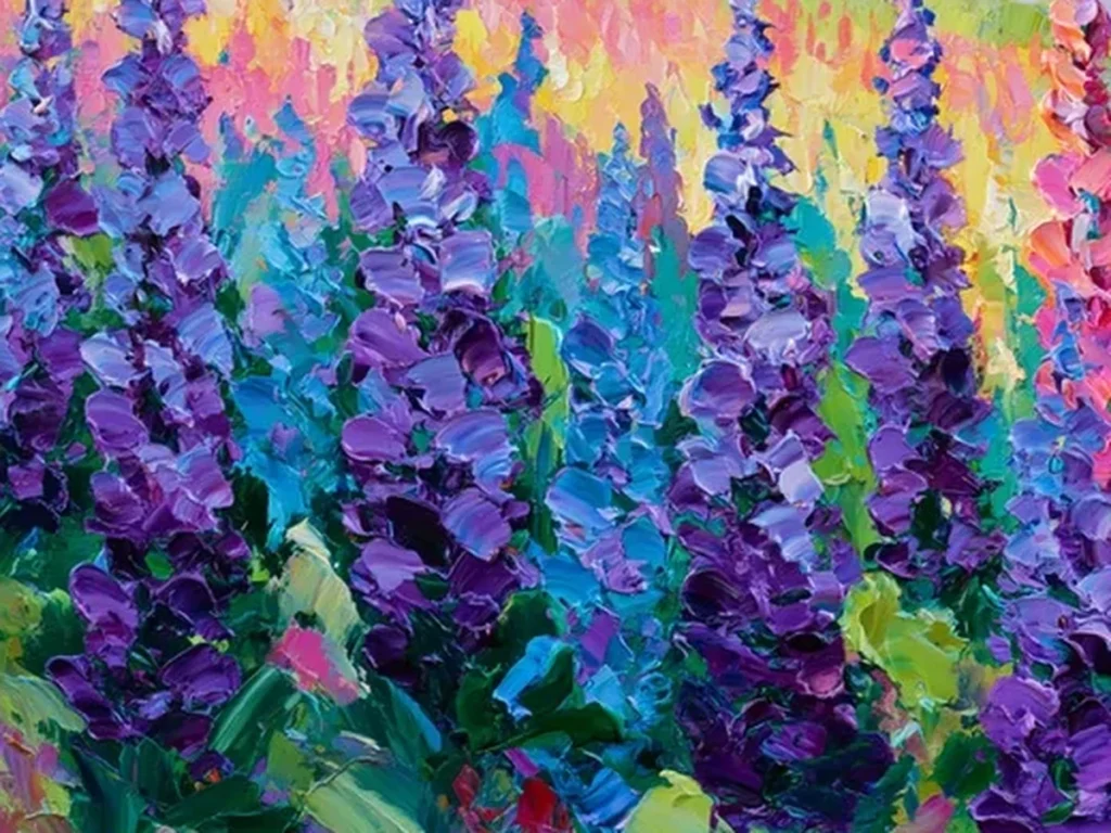 Close-up of the knife-built purple and pink flower spikes on the lavender wildflower meadow canvas CA46