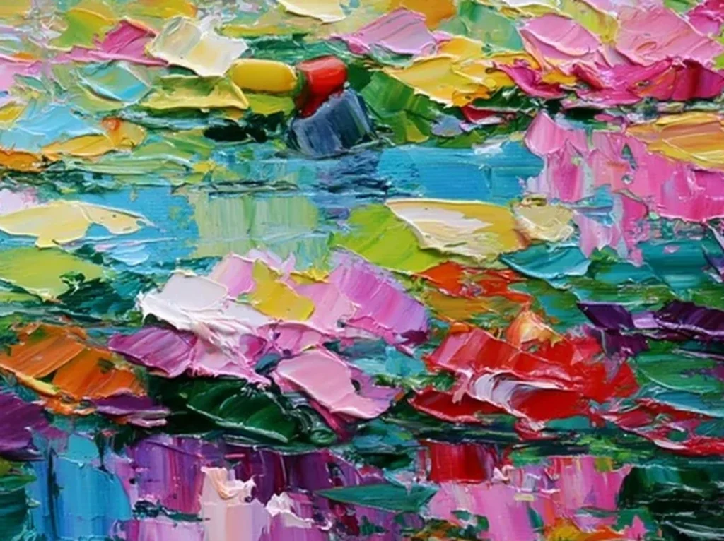 Close-up detail of thick knife-painted pink and coral water lily blooms over turquoise water in water lily painting CA47.