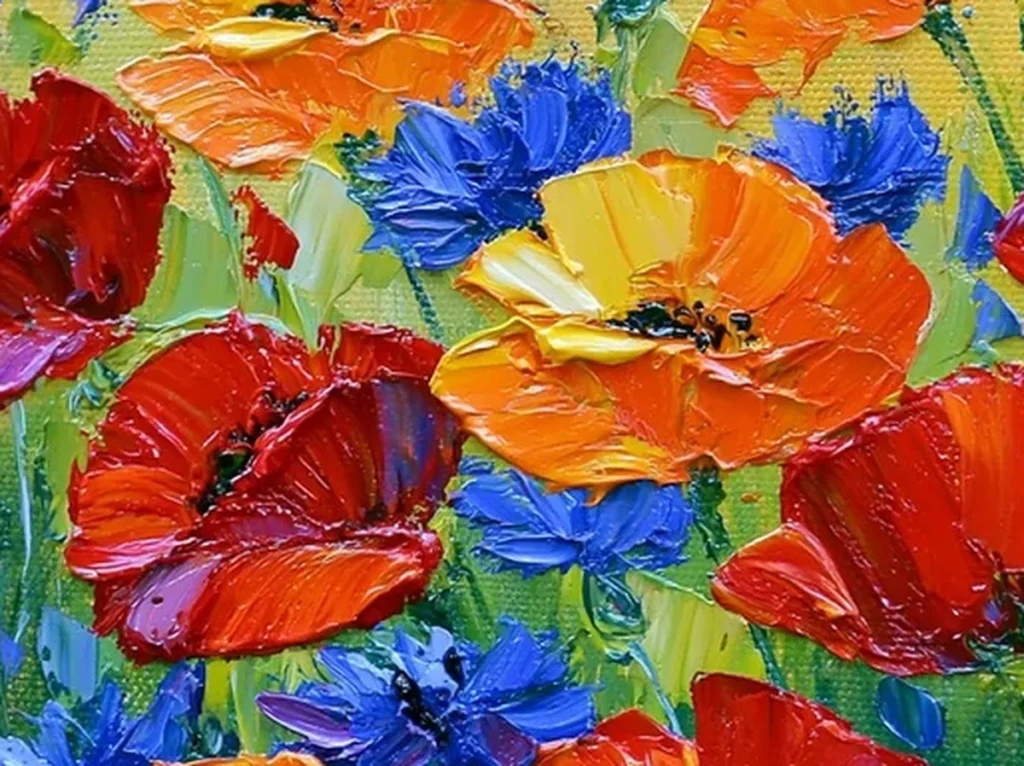 Close-up texture detail of the thick impasto petals on this red poppy and blue cornflower field canvas, CA48