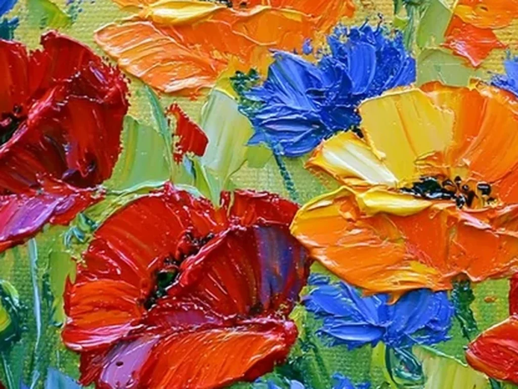 Extreme macro of a single scarlet poppy showing the raised knife-built paint ridges and dark center on canvas CA48