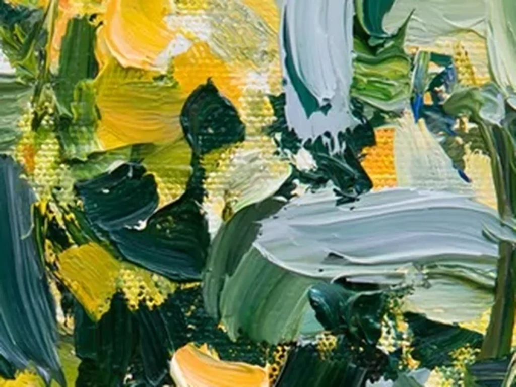 Close-up texture detail of the thick yellow blossom knife dabs and dark green leaf strokes on canvas CA49
