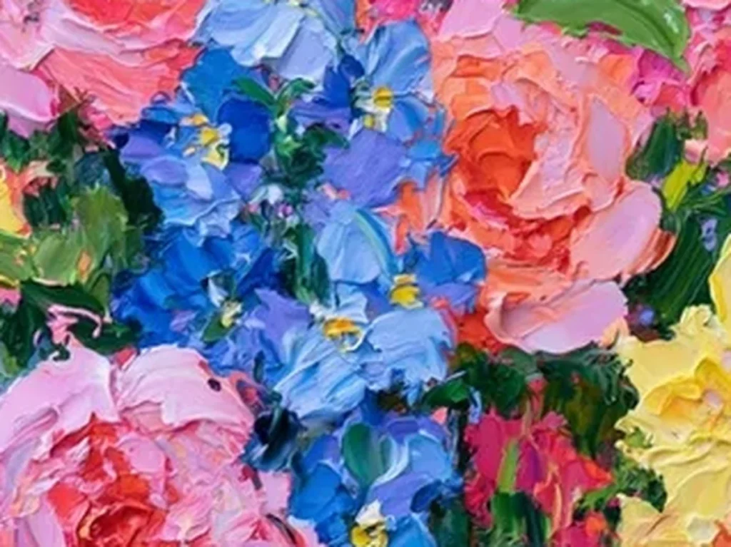 Close-up of thick palette-knife flowers, a pink foxglove spire and a blue delphinium among peach and coral roses, textured detail of colorful garden painting CA50