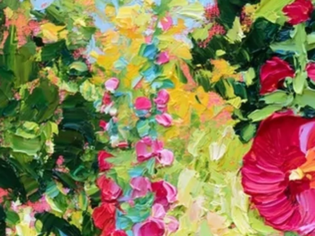 Close-up of the thick palette-knife petals on the pink and red hollyhocks in cottage garden canvas CA51, showing raised ridges of paint.