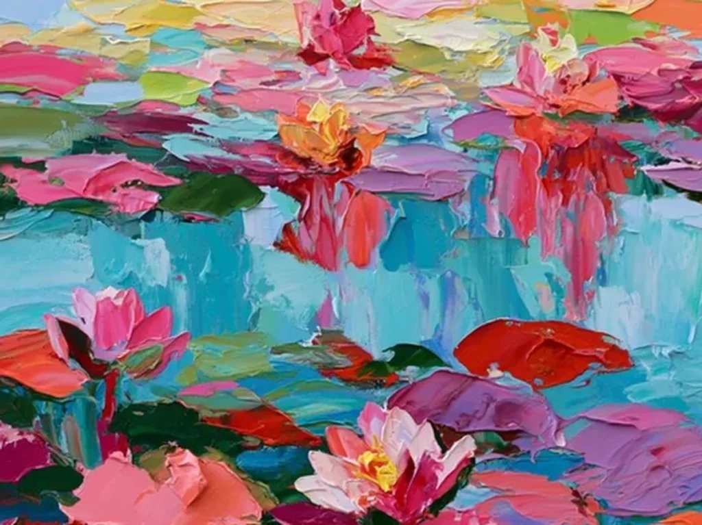 Close-up of the thick palette-knife water lilies and turquoise water in pink water lily pond canvas CA52, showing raised dabs of pink and coral paint.