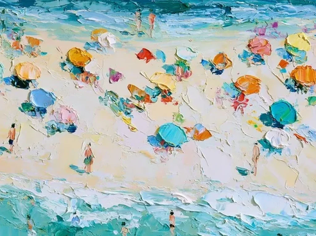 Close-up of thick palette-knife paint on canvas CA53, showing raised orange, pink, and turquoise beach umbrellas over cream sand with white foam ridges.