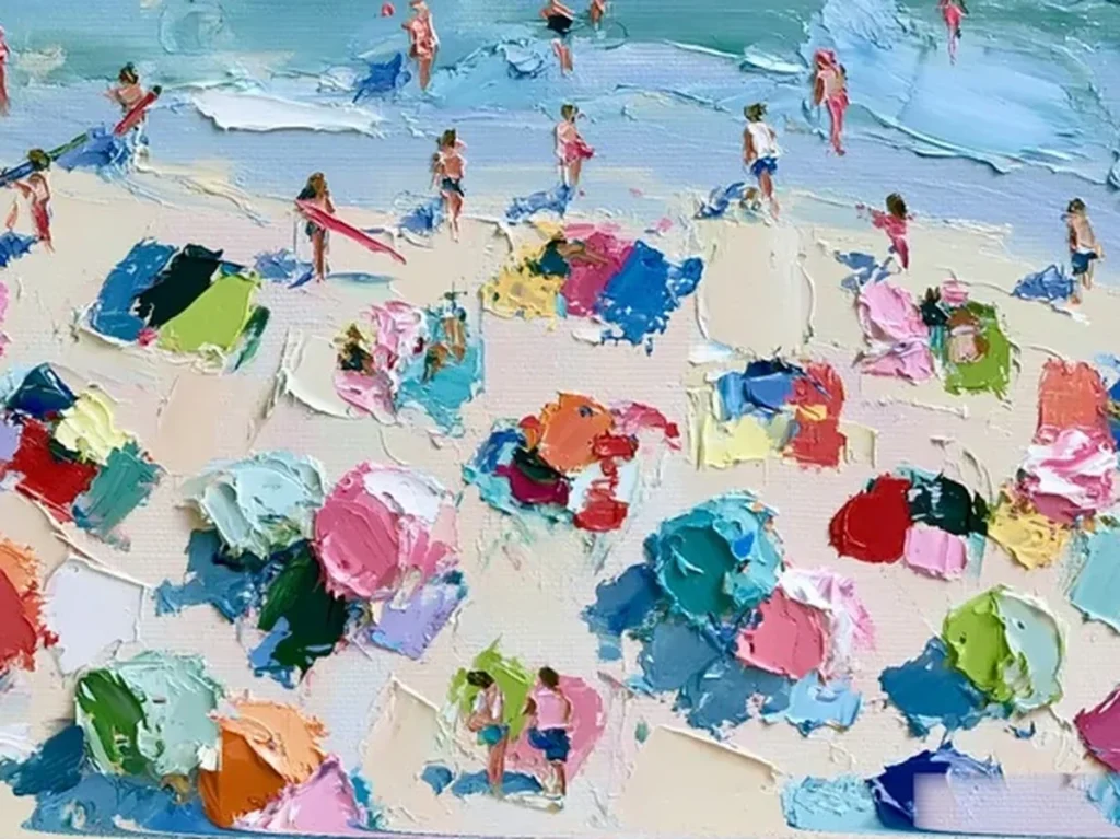 Close-up of thick, blocky palette-knife paint on canvas CA54, showing raised pink, lime green, turquoise, and white beach-umbrella dabs on cream sand.