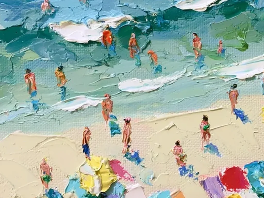Close-up of thick palette-knife paint on canvas CA55, showing raised orange, pink, and turquoise beach umbrellas and white foam over warm tan sand.