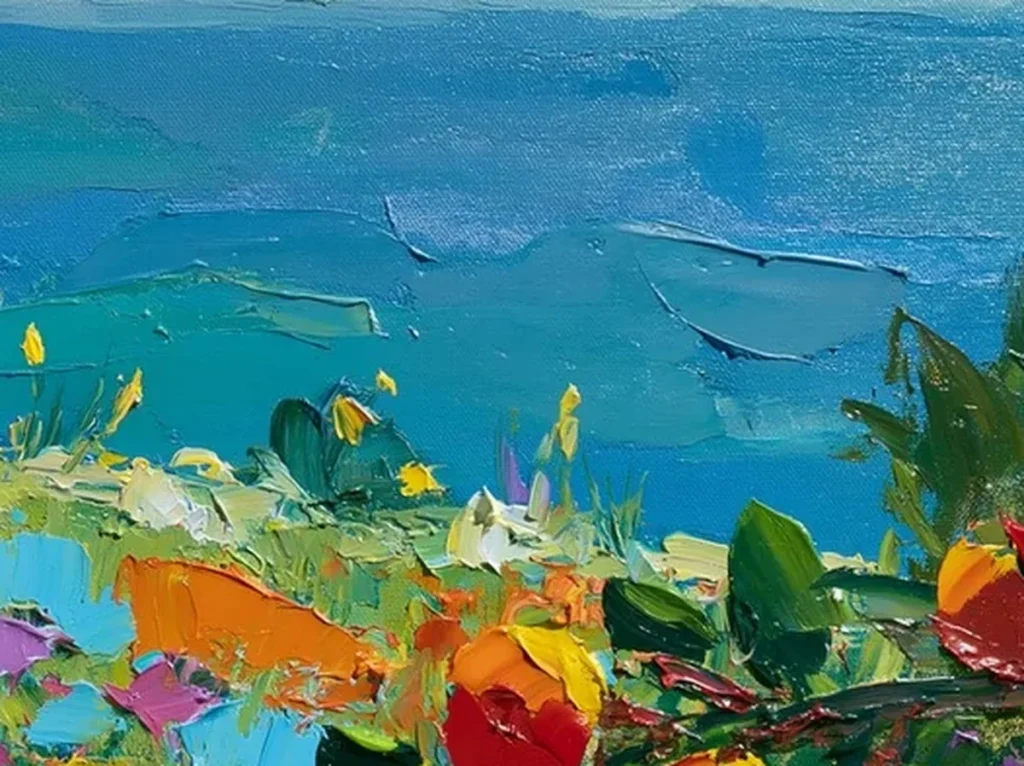 Close-up texture detail of thick palette-knife wildflower petals in orange, magenta, and yellow on the CA56 seascape canvas.