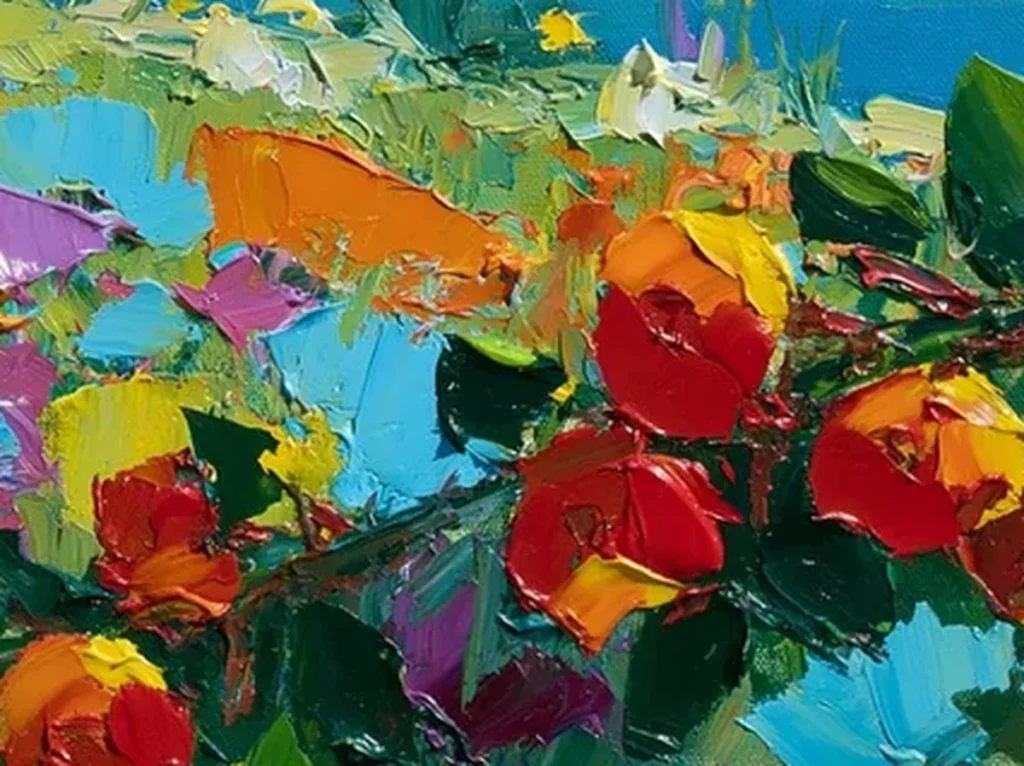 Extreme macro close-up of one raised orange flower petal, showing the ridged oil paint and knife marks on the CA56 canvas.