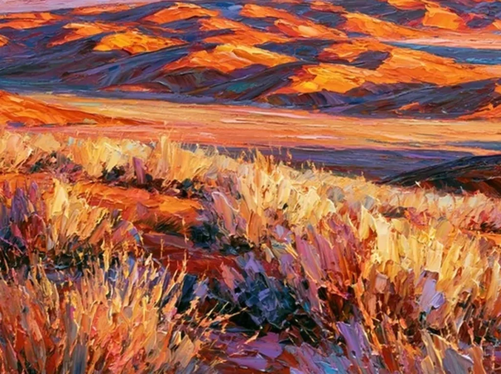 Close-up texture detail of thick palette-knife grasses in gold and violet on the CA57 sunset moorland canvas.
