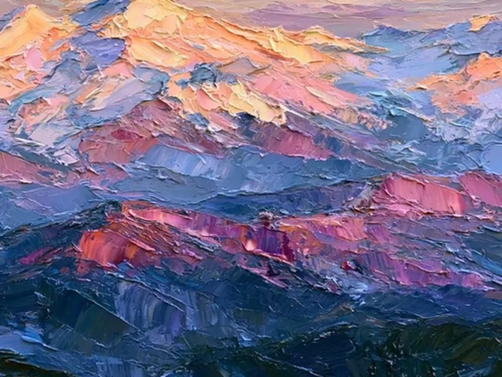 Close-up texture detail of thick palette-knife snow peaks in peach and lilac impasto on the CA58 alpenglow mountain canvas.