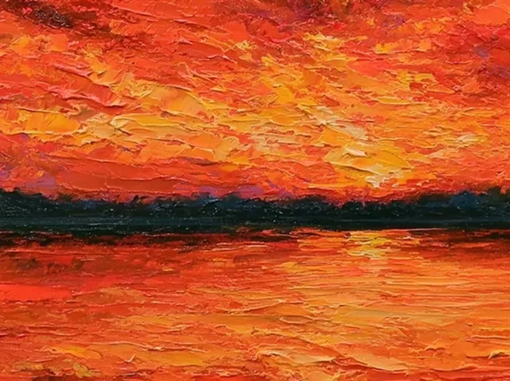 Close-up of thick palette-knife impasto in the red and orange sunset clouds of canvas CA59, showing raised ridges of scarlet, gold, and deep purple paint.