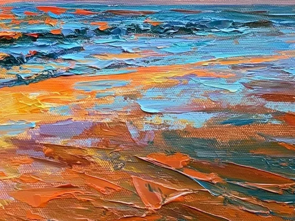 Close-up of thick palette-knife texture in the golden wet sand and teal surf of canvas CA60, with raised ridges of gold, orange, and blue paint.