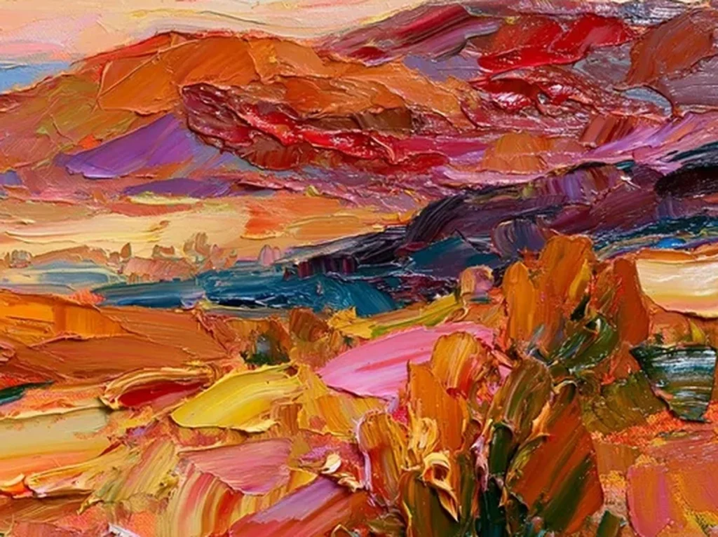 Close-up of heavy palette-knife impasto in the rust and gold sunset hills of canvas CA61, with thick raised slabs of orange, red, and pink paint.