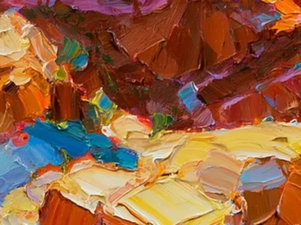 Close-up detail of thick palette-knife ridges in the burnt-orange rock and turquoise shadow of textured canyon canvas CA62
