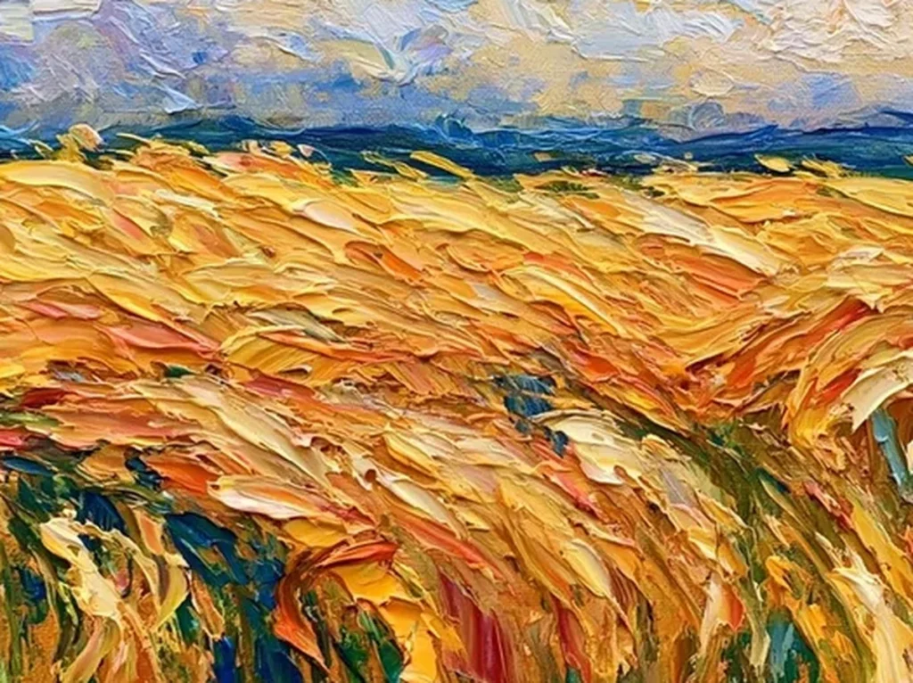 Close-up detail of thick impasto knife strokes in the golden wheat and cobalt storm sky of textured canvas CA63