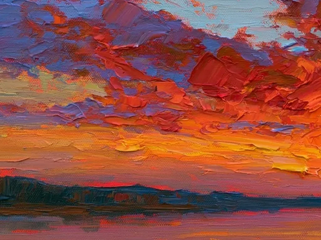 Close-up detail of thick red and orange impasto cloud strokes over reflected water in textured canvas CA64