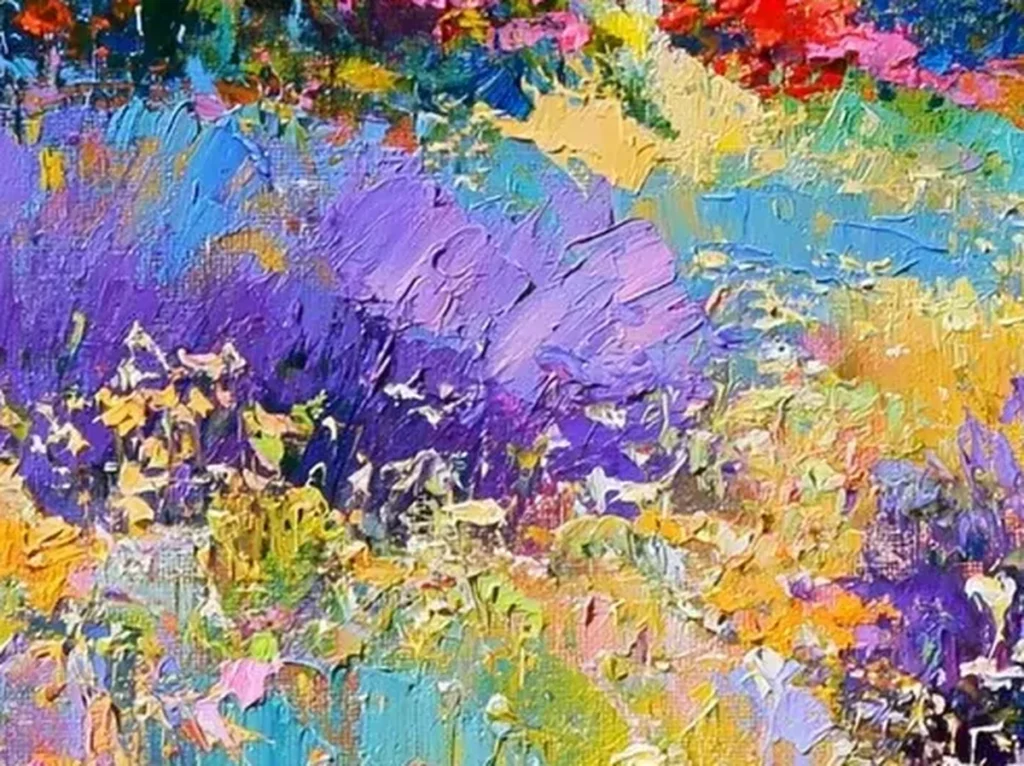 Close-up of textured purple lavender rows and wildflower impasto in Provence farmhouse canvas CA65