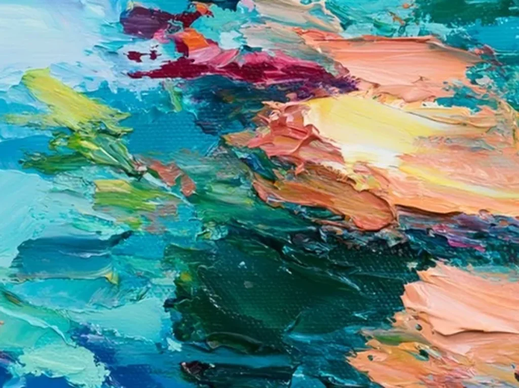 Close-up detail of thick palette knife strokes in coral, orange, and turquoise on abstract flower field canvas CA67