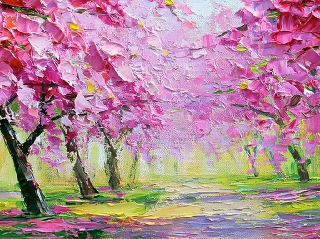 Detail crop of the cherry blossom canvas CA69 showing thick knife-pressed pink and magenta petal strokes above a dark painted trunk