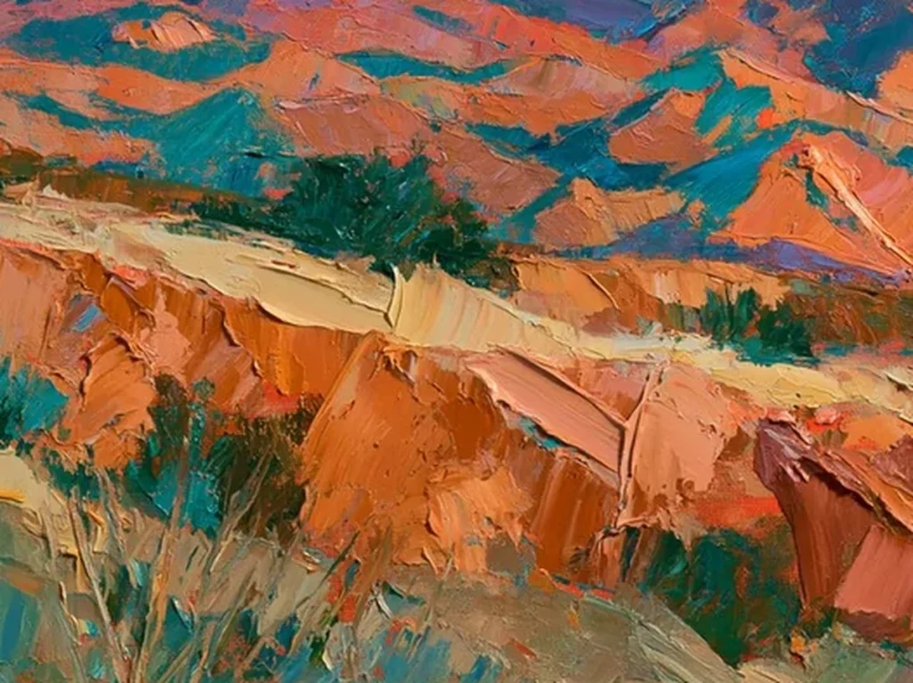 Close-up detail of thick terracotta and orange knife strokes on layered desert canyon canvas CA70