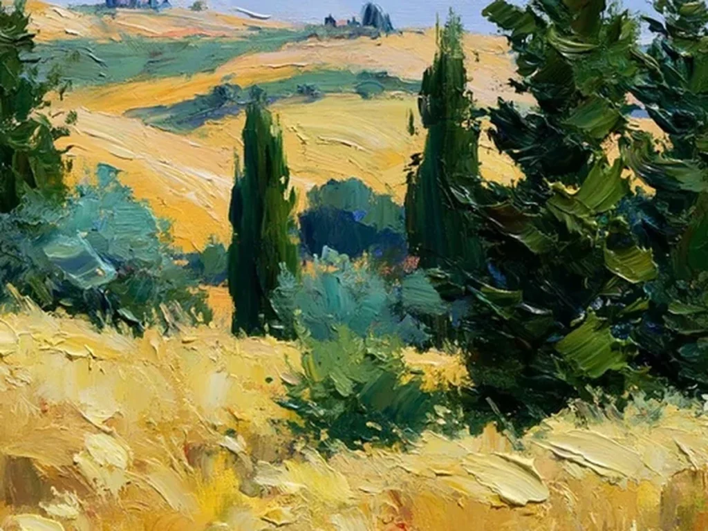 Detail crop of raised gold wheat brushwork and deep green cypress on Tuscan landscape canvas CA71
