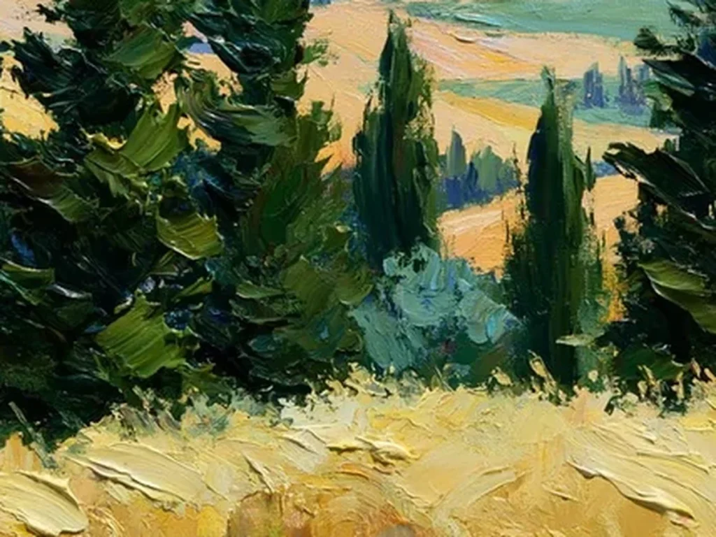 Extreme close-up of thick dragged gold paint ridges in the wheat field of Tuscan canvas CA71
