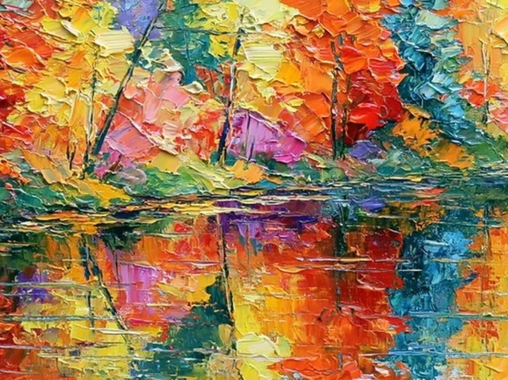 Detail crop of raised palette knife strokes in the orange and gold autumn foliage of lake reflection canvas CA72