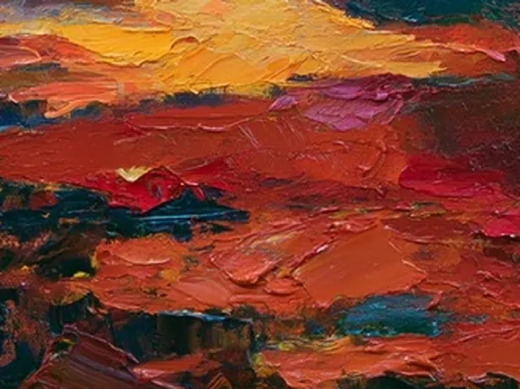 Close-up detail of thick red and orange palette knife slabs on the canyon rock ledges of sunset canvas CA73