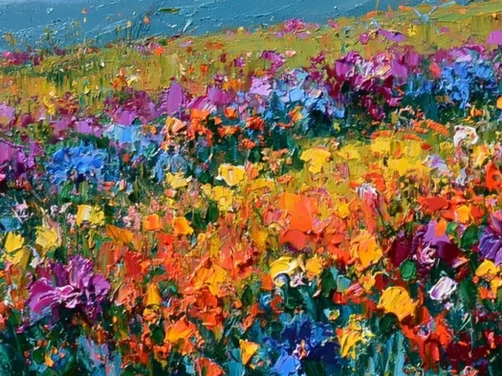 Close-up of orange, violet, and yellow knife-daub wildflowers with raised petal edges on meadow canvas CA74