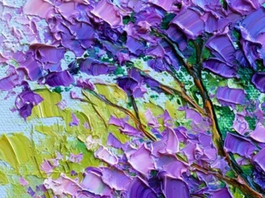 Detail crop of thick lilac and violet knife strokes forming jacaranda blossoms on textured canvas CA75