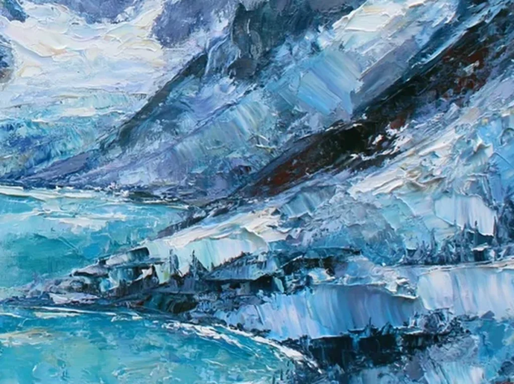 Close-up detail of thick palette knife ridges where white snow meets slate-blue rock in turquoise alpine lake painting CA76
