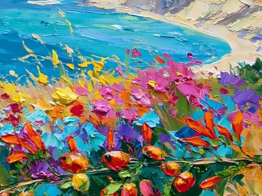Close-up detail of thick magenta, yellow, and turquoise paint daubs in wildflower meadow canvas CA77