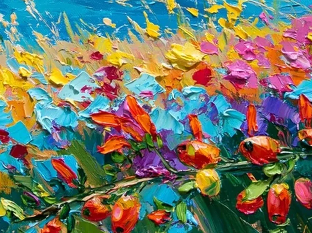 Extreme macro of raised knife-built petals in pink, turquoise, and yellow paint on wildflower canvas CA77