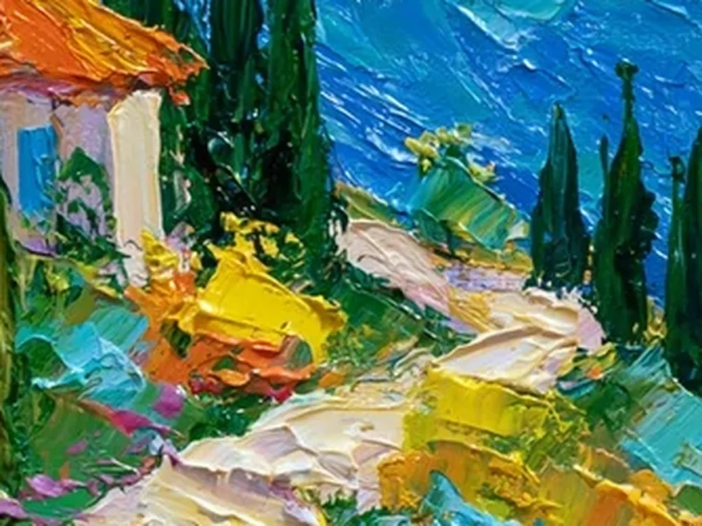 Detail crop of the cream knife-slab stone path between orange and teal flower banks on cypress path canvas CA78