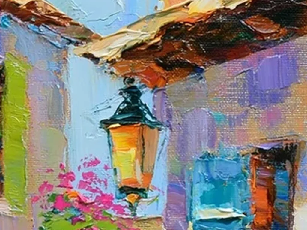 Detail crop of thick magenta and orange knife strokes in the bougainvillea village steps canvas CA79