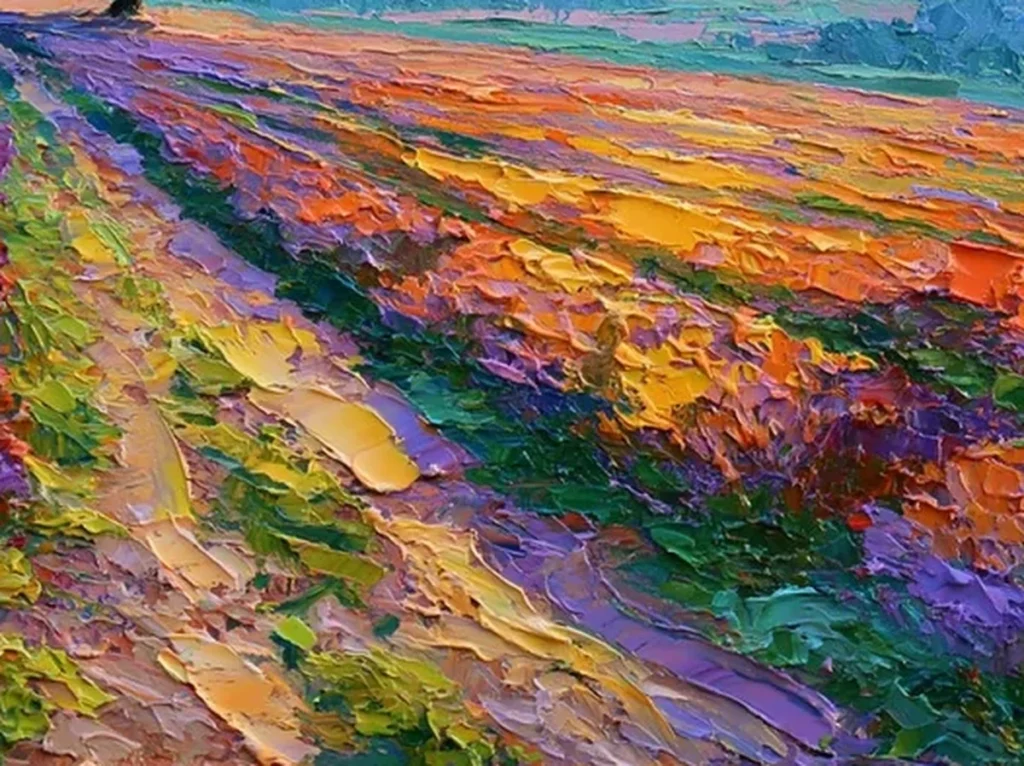 Detail crop of raised violet and gold paint dabs in the lavender field rows of canvas CA80