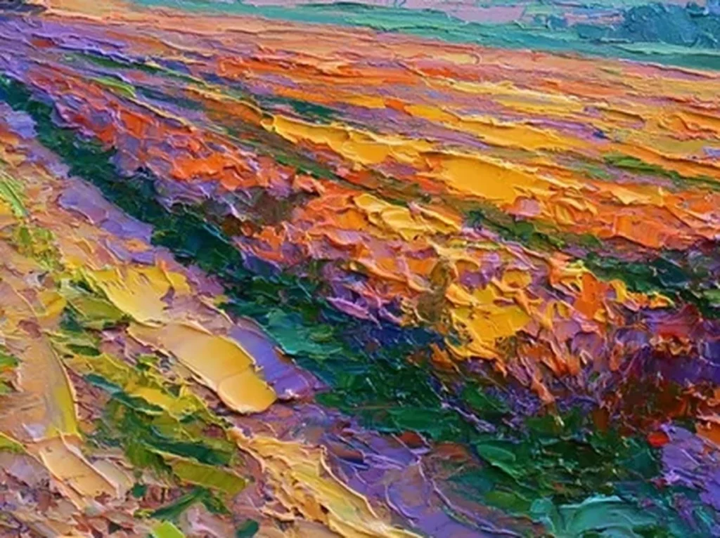 Extreme macro close-up of palette knife ridges in purple and orange impasto on lavender field canvas CA80