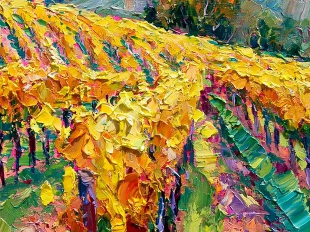 Detail crop of thick golden yellow and amber leaf daubs on textured autumn vineyard canvas CA81