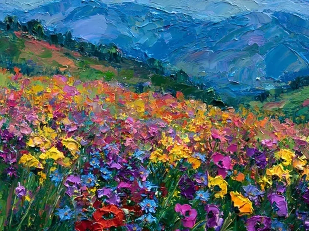 Close-up detail of thick knife-painted red and purple wildflower texture on colorful meadow canvas CA82