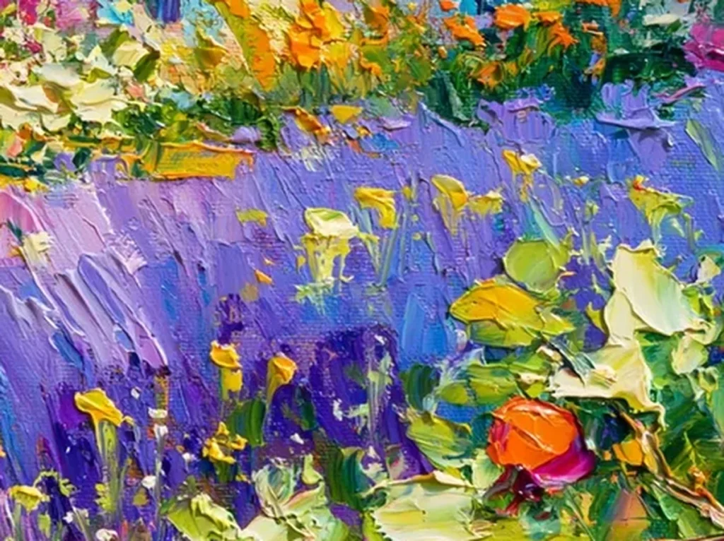 Texture detail of raised violet lavender strokes and golden blooms on Tuscan farmhouse canvas CA83