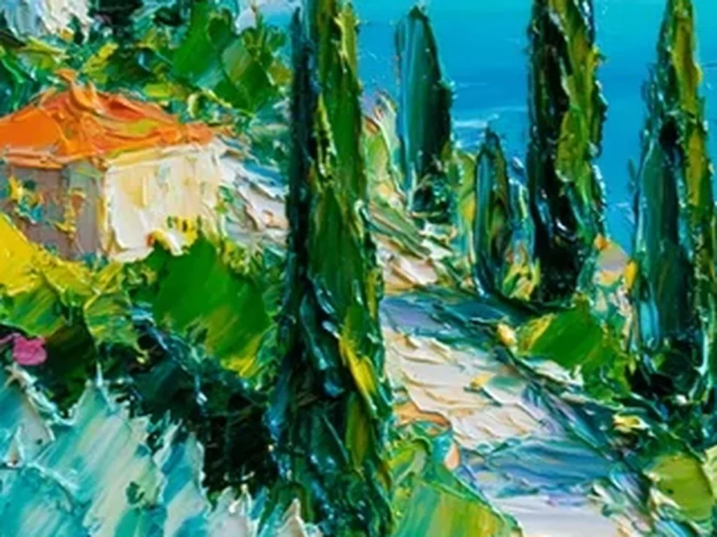 Detail crop of the cream impasto stone path and dark green cypress knife strokes on Tuscan landscape canvas CA84